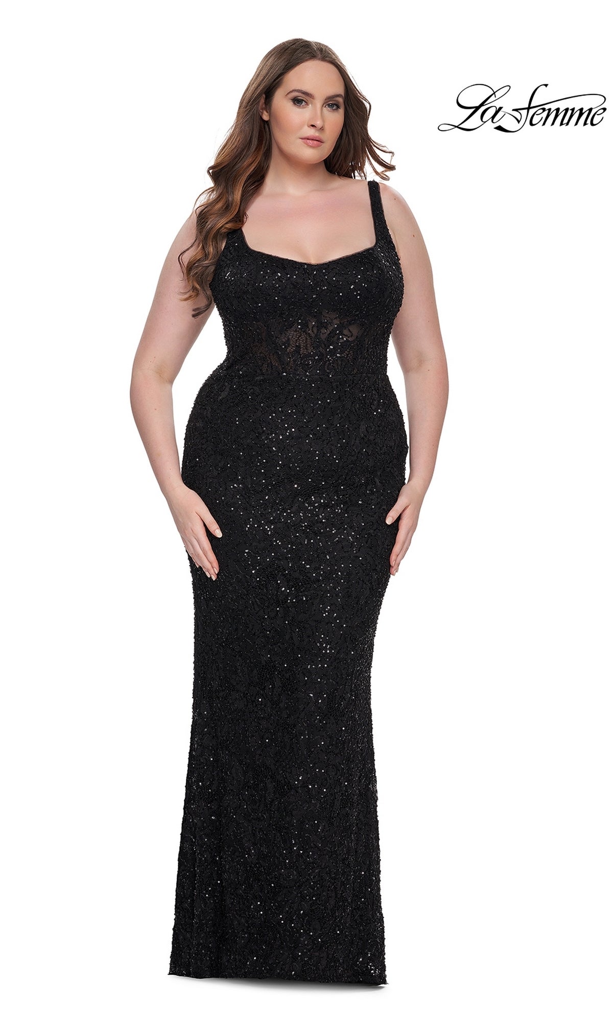 A woman models the Plus-Size Lace Prom Dress: La Femme 31535, a fitted black formal gown with wide straps, against a white background. The La Femme logo is in the top right corner.